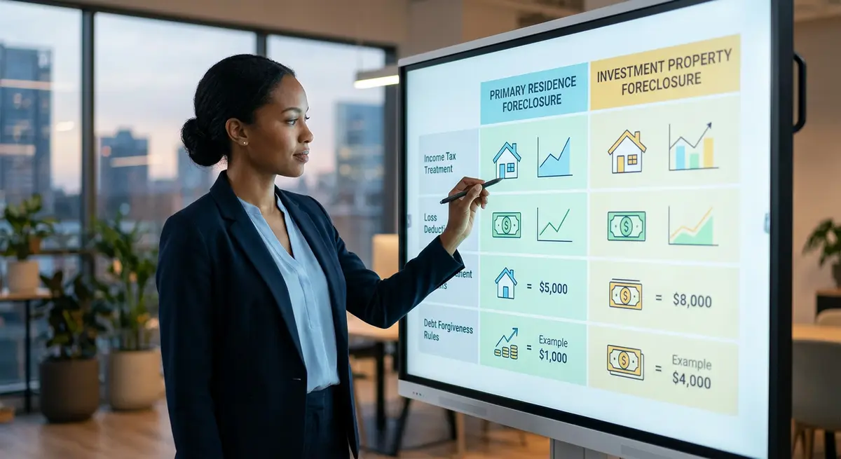 Comparison chart showing the tax differences between primary residence and investment property foreclosures