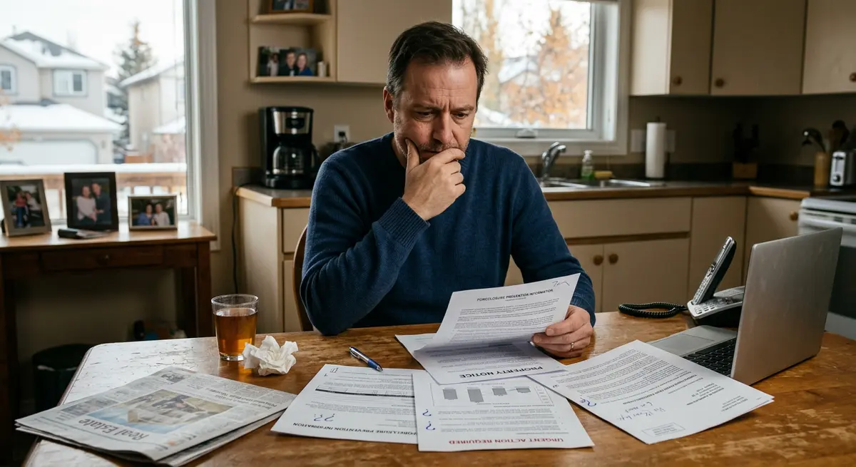 A distressed homeowner in Calgary reviewing suspicious foreclosure prevention documents at their kitchen table