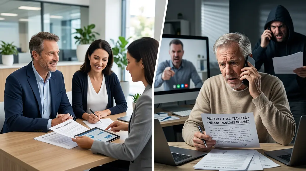 A split screen showing a legitimate bank consultation versus a high-pressure scammer demanding a property title transfer