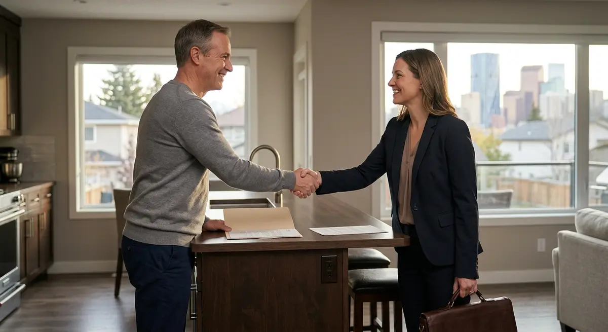 A Calgary homeowner shaking hands with a licensed legal professional after successfully navigating a mortgage modification