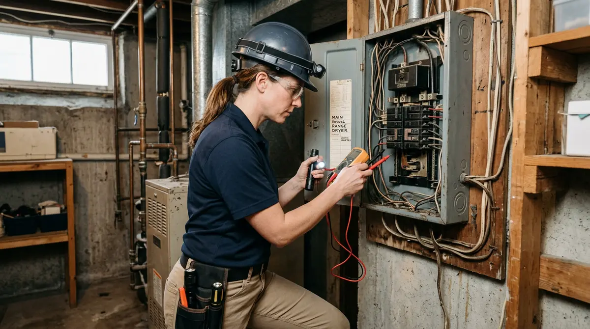 A home inspector examining the electrical panel of an older inherited home in Calgary