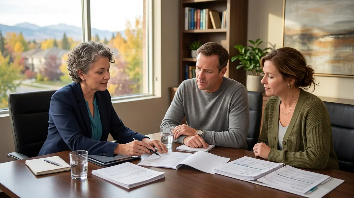 A mediator reviewing financial documents with an Alberta homeowner during a 2026 foreclosure mediation session
