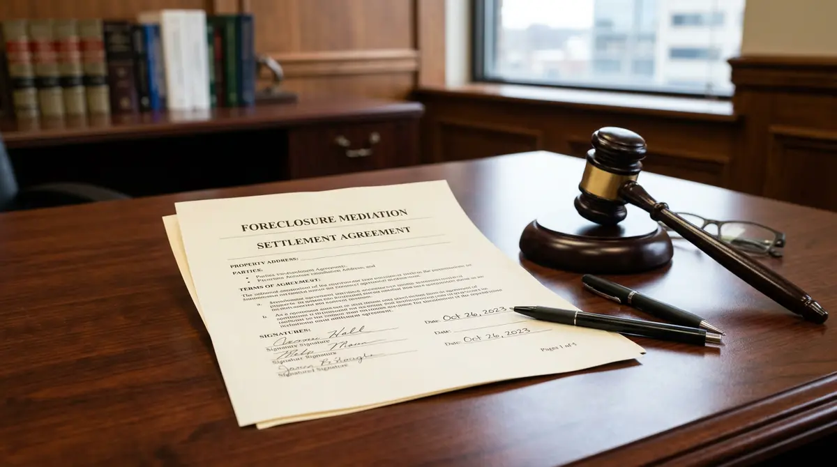 A signed foreclosure mediation settlement agreement resting on a desk next to a gavel