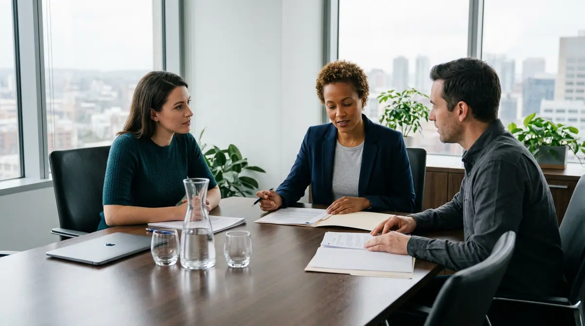 Divorced couple in mediation discussing alternative dispute resolution for property division