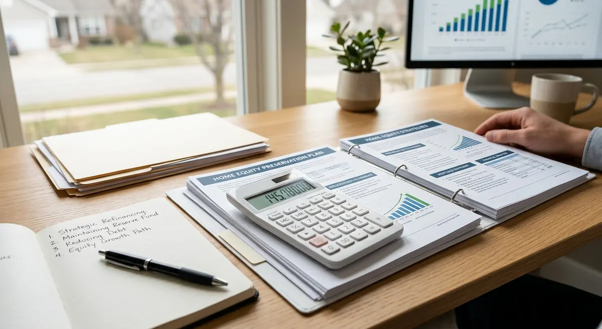 Financial documents and a calculator showing home equity preservation strategies