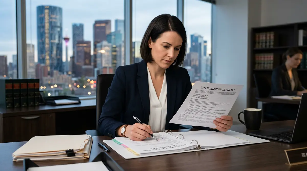 A legal professional reviewing title insurance documents for a Calgary second mortgage application