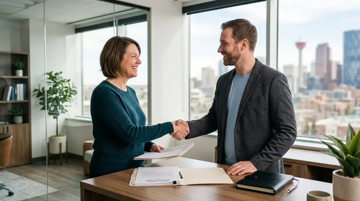 A homeowner shaking hands with a mortgage broker after successfully resolving a title dispute in Calgary
