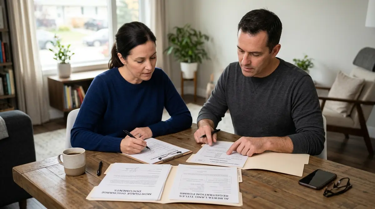 Homeowner reviewing mortgage discharge documents and Alberta Land Titles registration forms