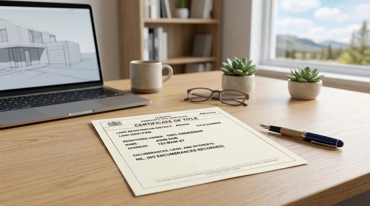 Clean Alberta property title certificate showing 100 percent ownership with no encumbrances