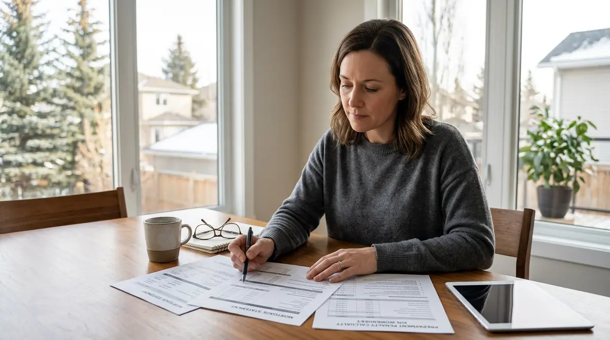 A Calgary homeowner reviewing mortgage prepayment penalty calculation documents at a dining table