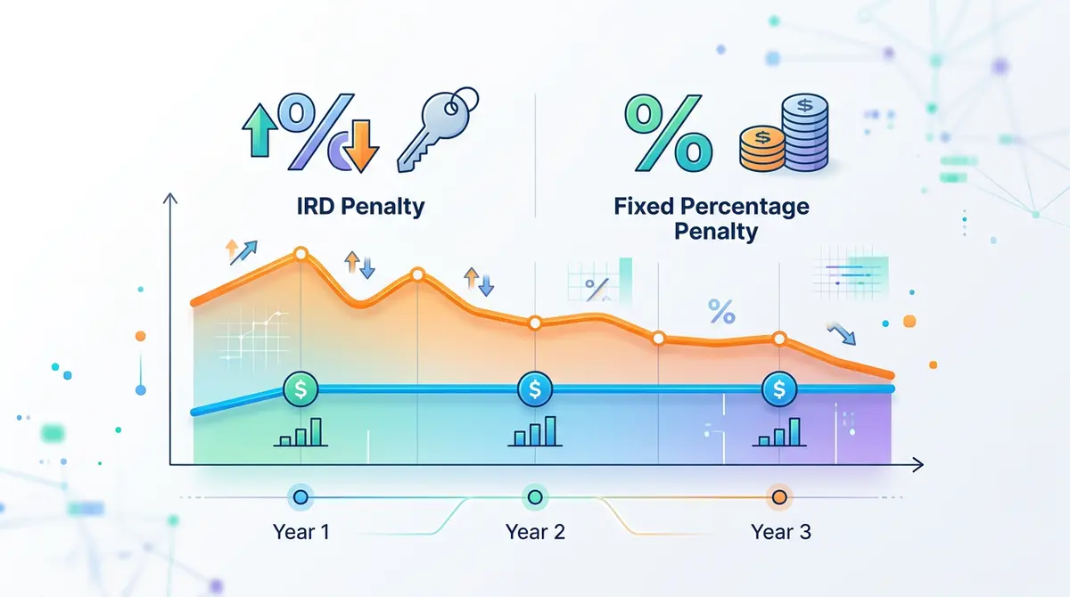 A financial chart showing the difference between IRD and fixed percentage mortgage penalties over a 3-year term