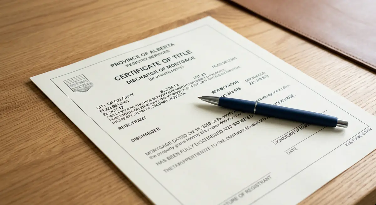 A close up of a Calgary property title discharge document with a pen resting on top