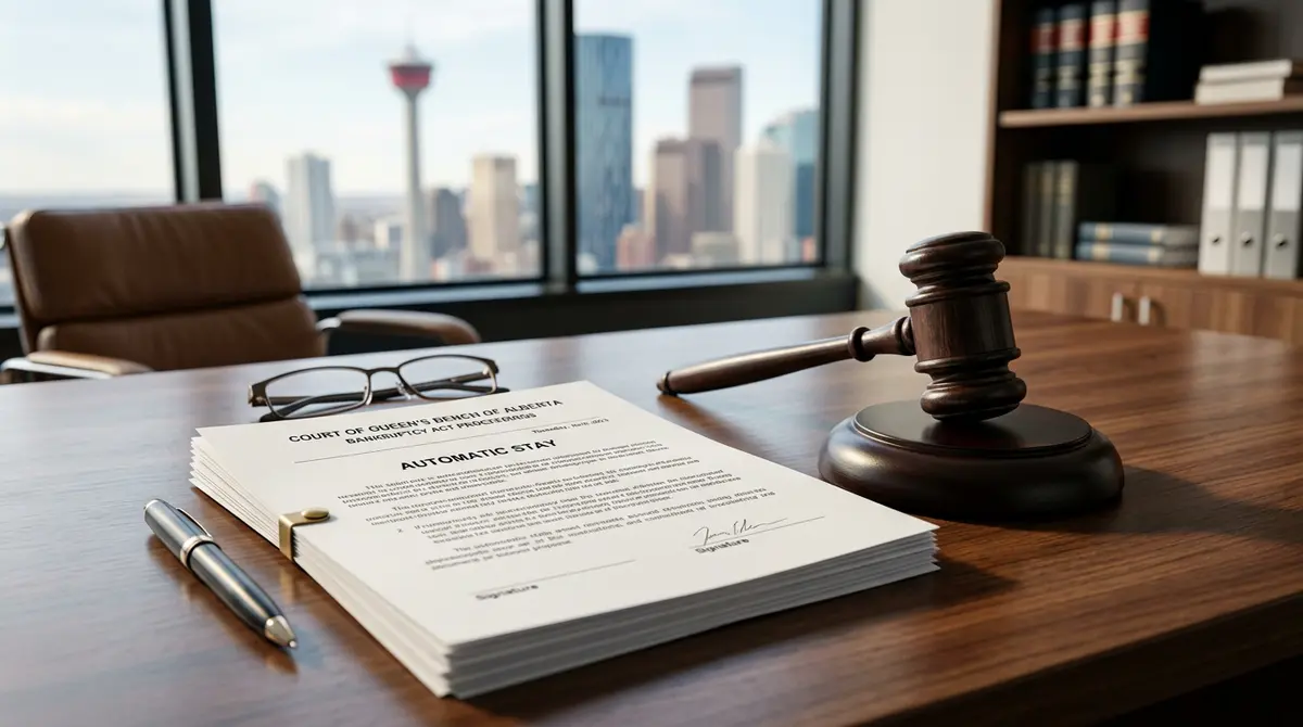 Legal documents and a gavel representing the automatic stay in Alberta bankruptcy proceedings