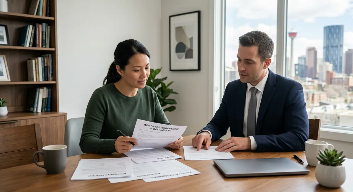 A Calgary homeowner reviewing mortgage reaffirmation and surrender documents with a financial advisor
