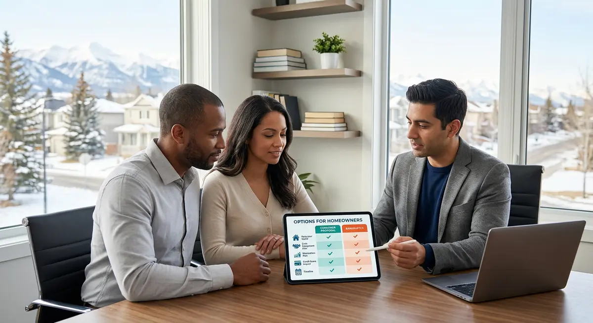 Comparison chart showing Consumer Proposal vs Bankruptcy benefits for Calgary homeowners