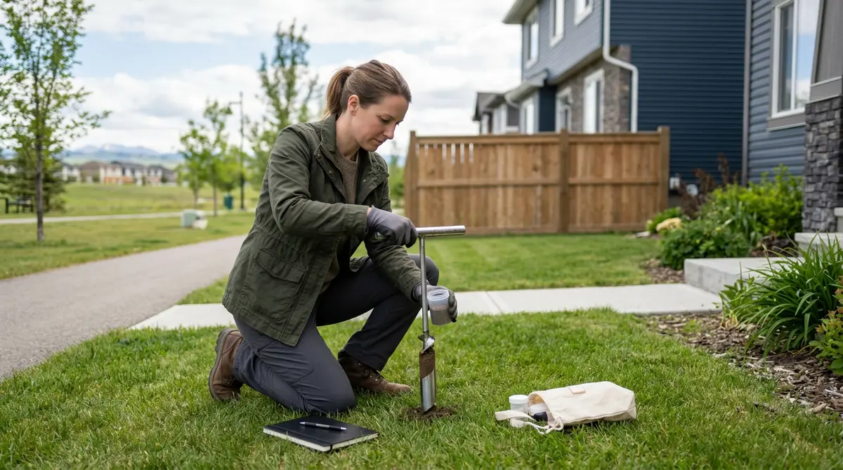 Environmental scientist taking soil samples near a residential property in Calgary