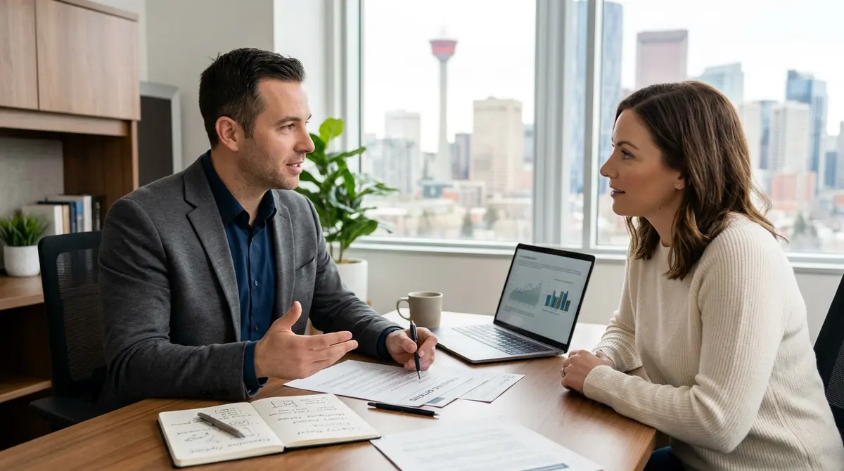 Homeowner discussing alternative financing options with a mortgage broker in Calgary