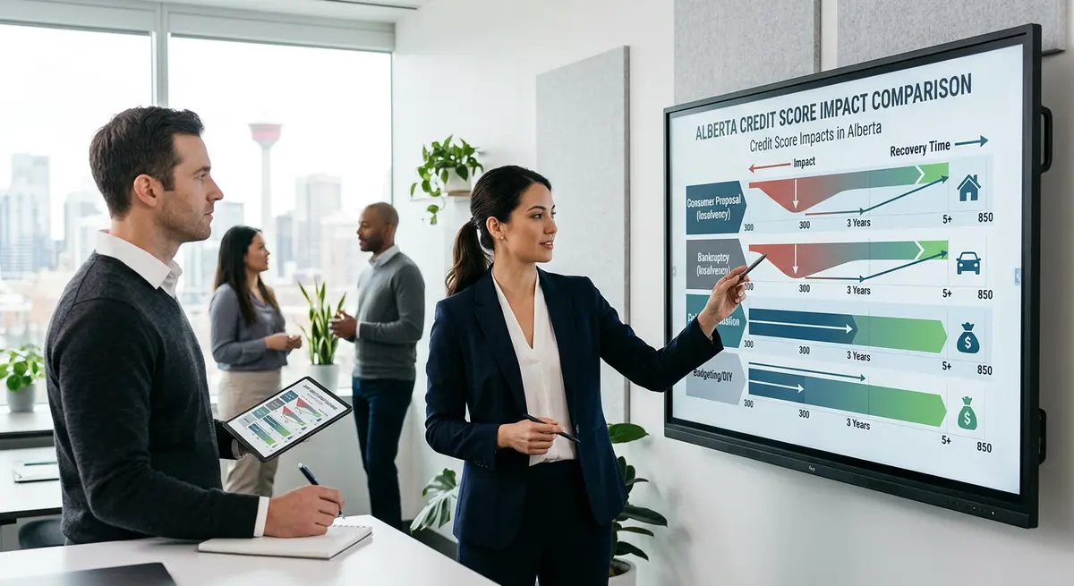 Comparison chart showing credit score impacts of insolvency versus alternative financial strategies in Alberta