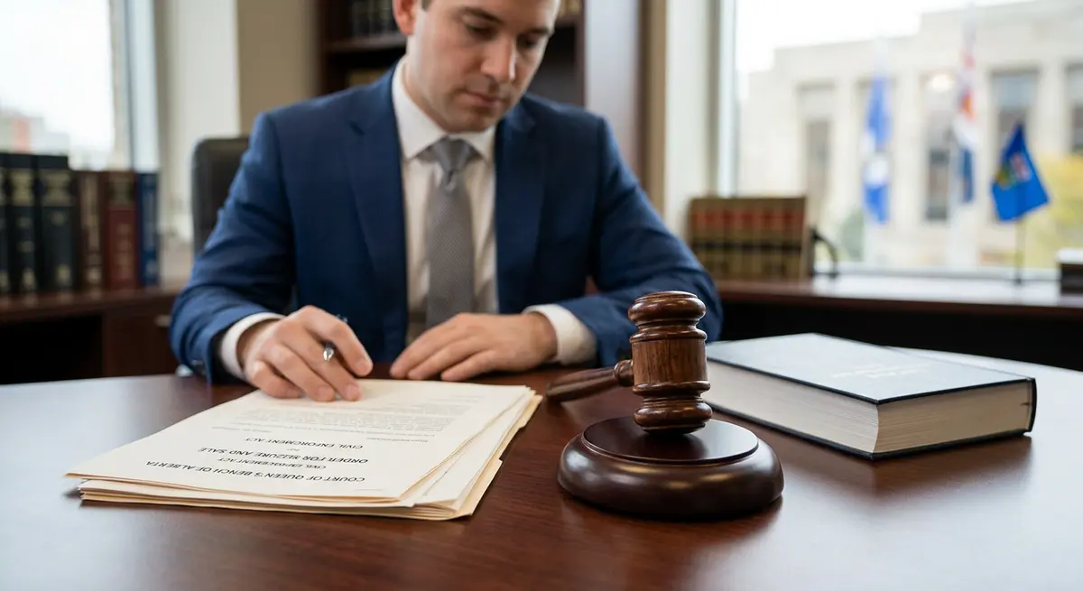 Legal gavel and Alberta court documents representing the judicial property seizure process
