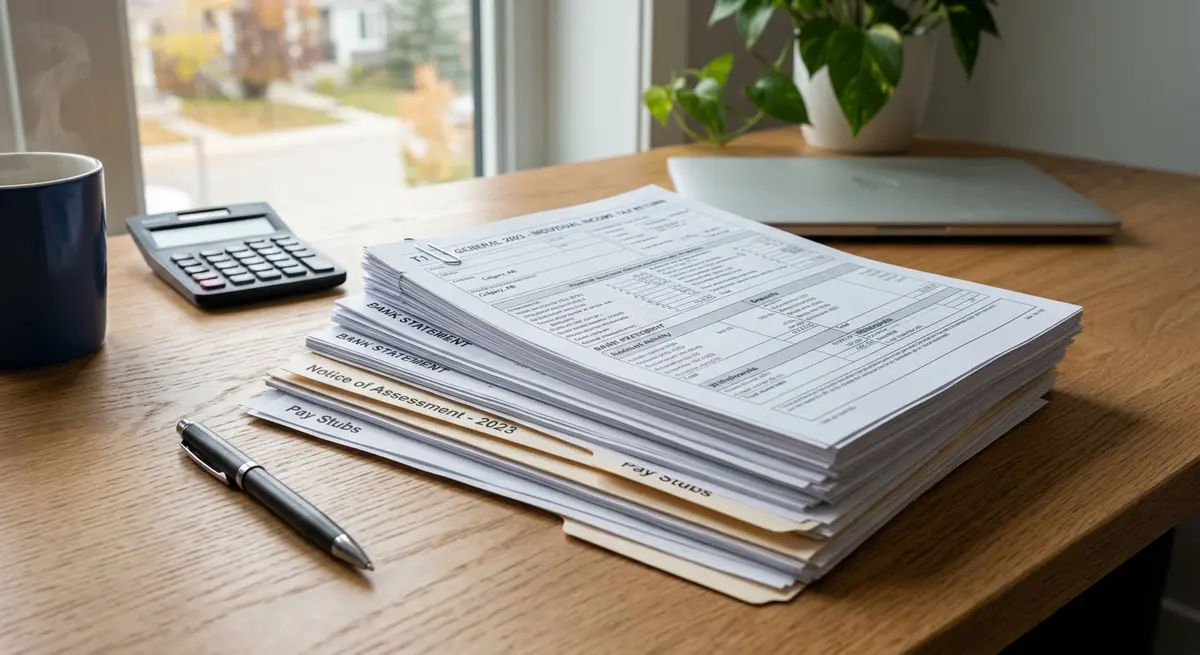 A neatly organized stack of financial documents including T1 tax returns and bank statements for a Calgary mortgage review.