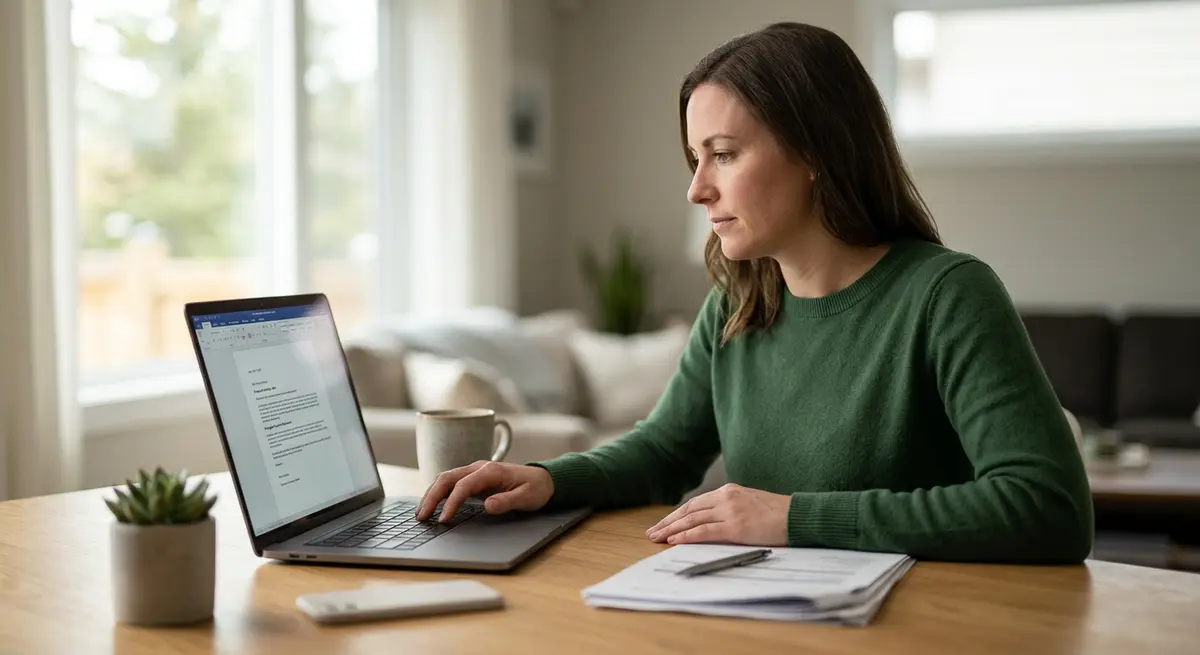 A homeowner drafting a factual financial hardship letter on a laptop to submit to an Alberta mortgage lender.