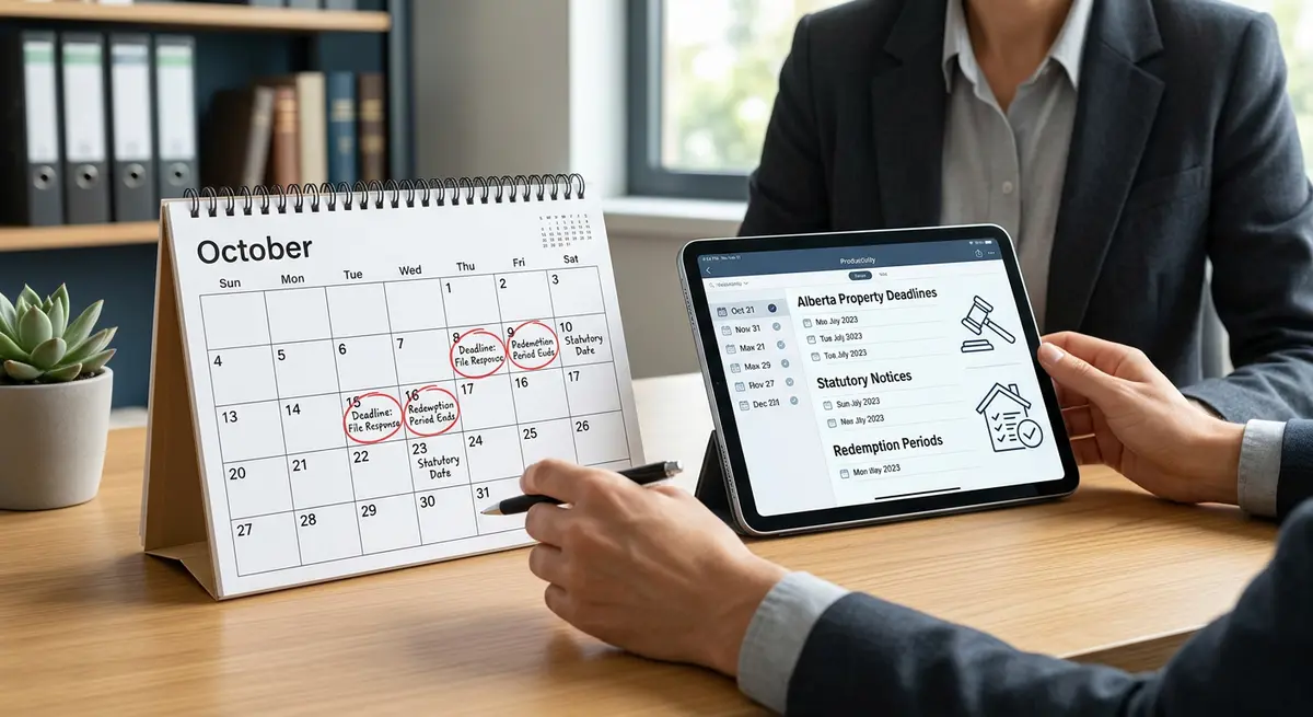 A calendar highlighting critical statutory deadlines and redemption periods for stopping property seizure in Alberta.