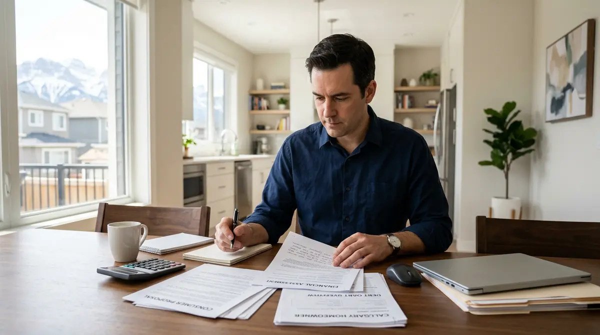 A Calgary homeowner reviewing financial documents and consumer proposal paperwork at a dining table