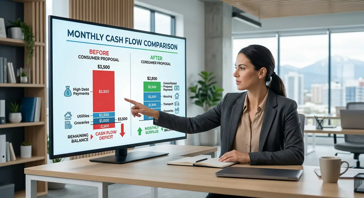 A comparison chart showing monthly cash flow before and after filing a consumer proposal in Alberta