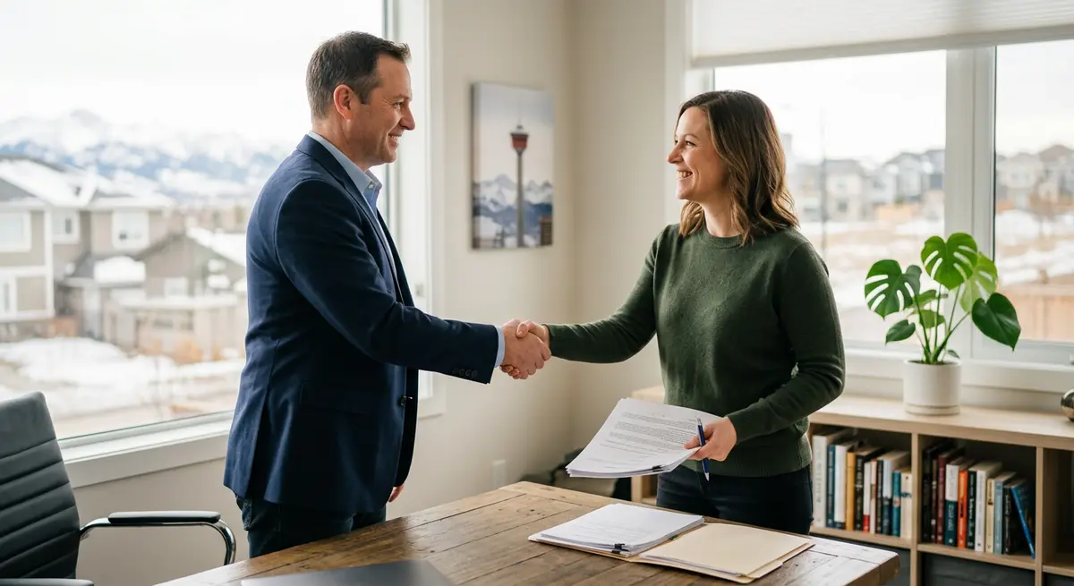 A Calgary homeowner shaking hands with a mortgage broker after successfully securing alternative financing