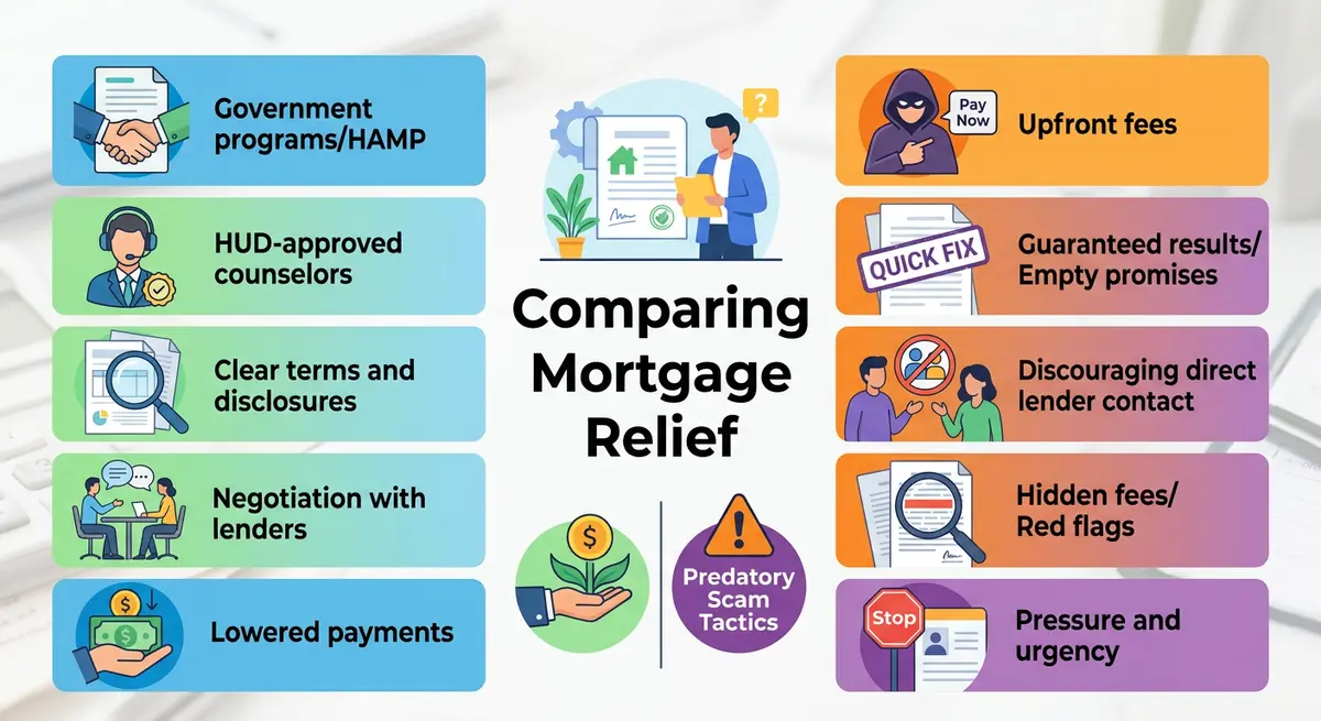 A comparison chart showing legitimate foreclosure assistance versus predatory scam tactics