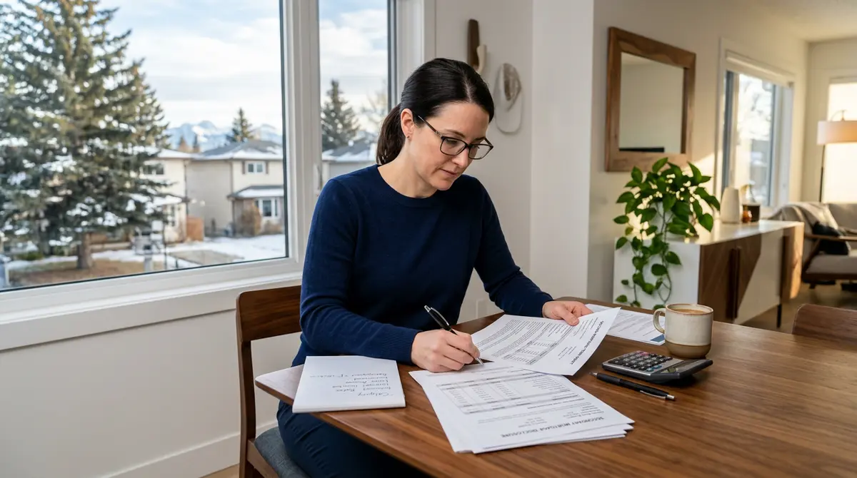 A Calgary homeowner reviewing secondary mortgage term sheets and financial documents at a dining table