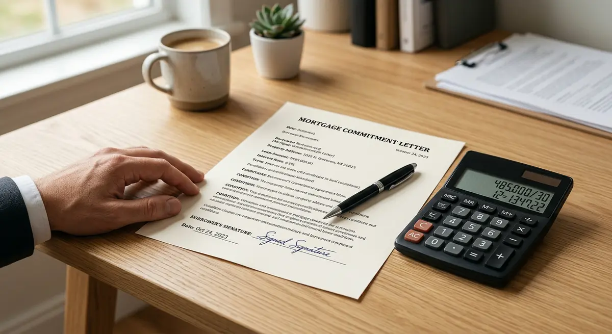 A close-up of a signed mortgage commitment letter with a calculator and pen
