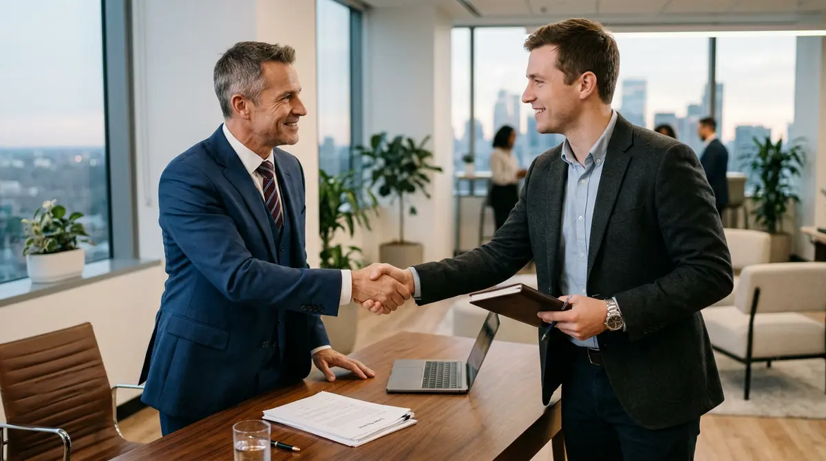 A financial advisor shaking hands with a client after successfully negotiating loan terms