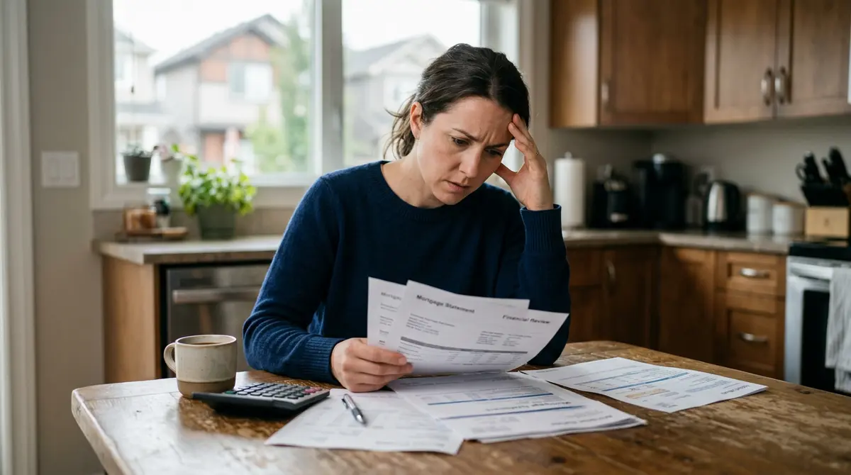 A worried homeowner reviewing financial documents and mortgage statements at a kitchen table in Calgary