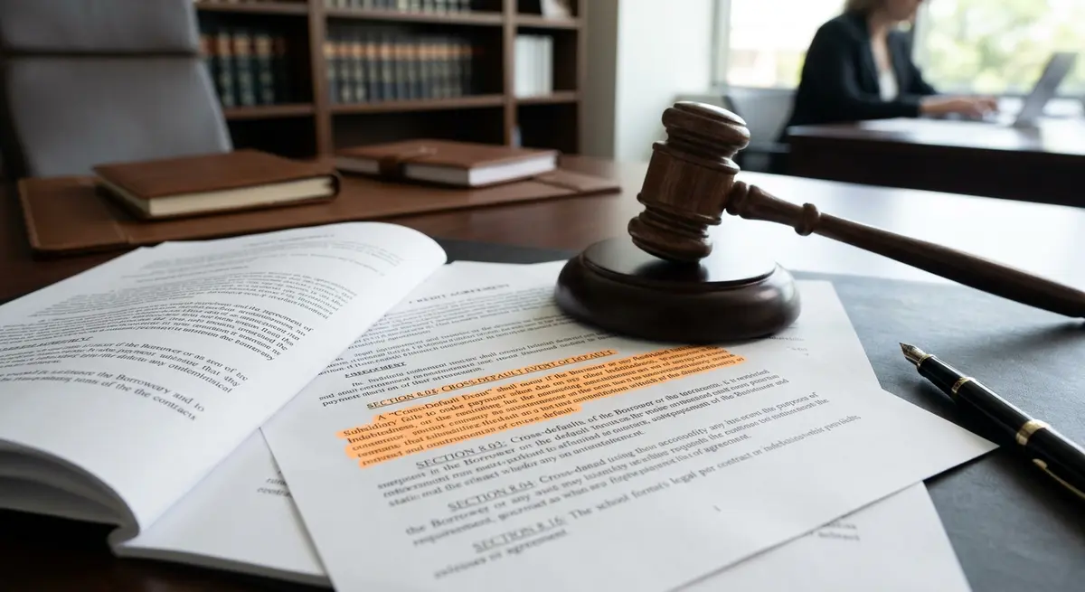A legal document highlighting a cross-default clause with a gavel resting on top