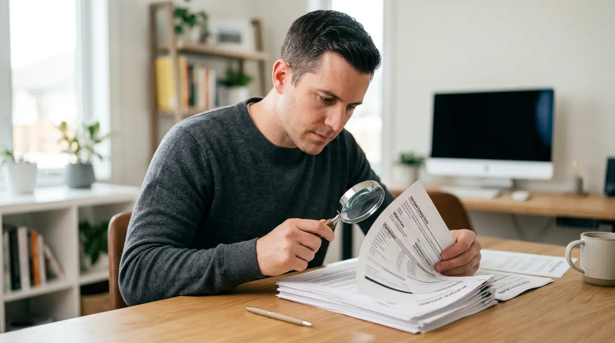 A homeowner carefully reviewing a stack of mortgage documents with a magnifying glass to spot hidden fees