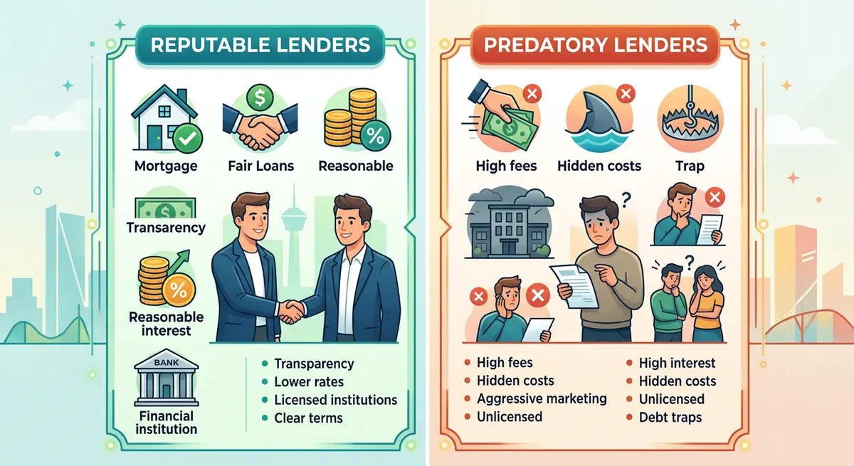 A comparison chart showing the differences between reputable lenders and predatory lenders in Alberta