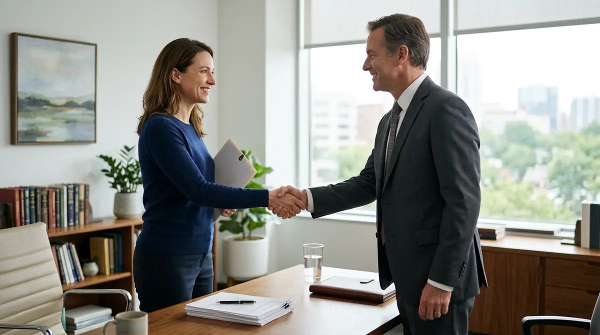 A homeowner shaking hands with an independent real estate lawyer after successfully vetting a private lender