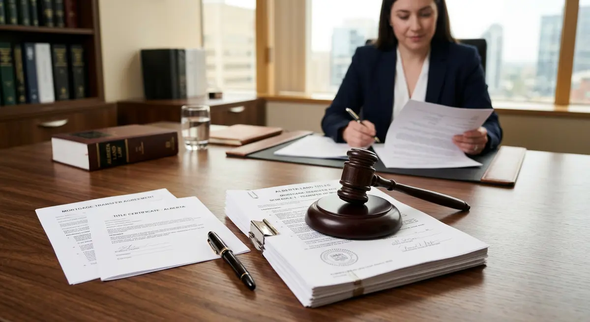 Legal documents and a gavel representing the legal framework of mortgage transfers in Alberta