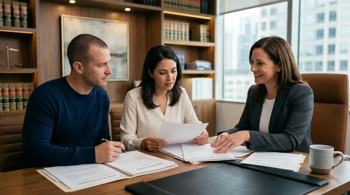 A couple reviewing mortgage transfer documents with a real estate attorney
