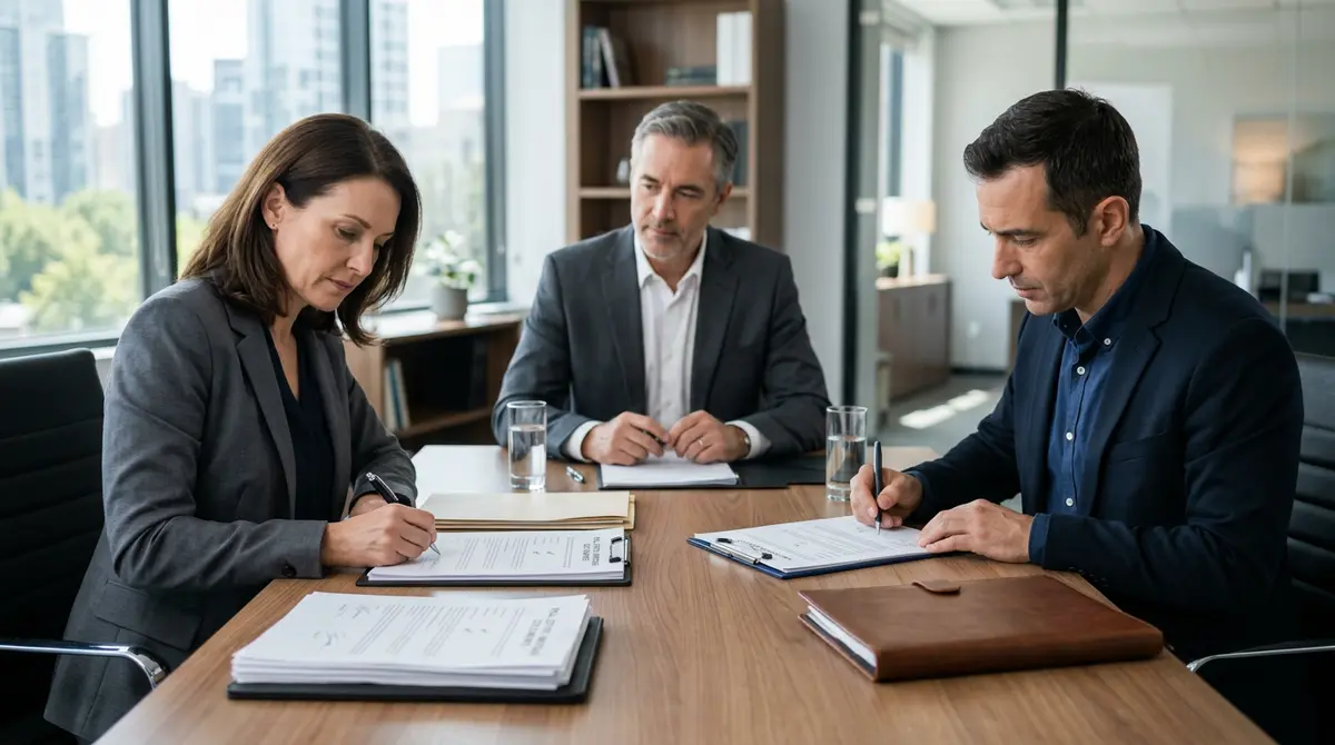 A divorced couple signing real estate and legal documents to resolve a joint mortgage dispute