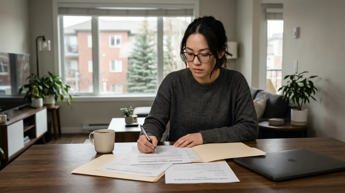 A Calgary tenant reviewing legal foreclosure documents at a dining table