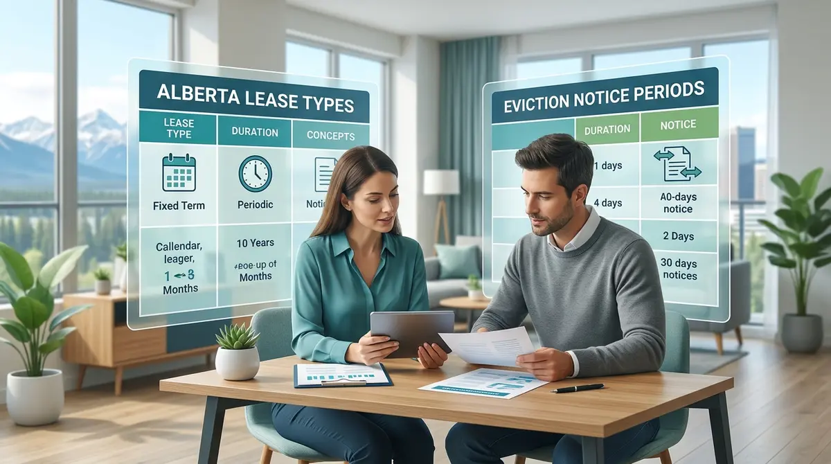 A comparison chart showing different lease types and eviction notice periods in Alberta