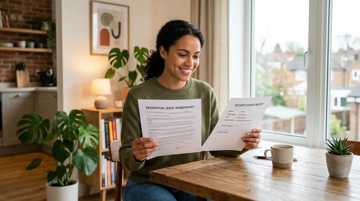 A tenant holding a security deposit receipt and a residential lease agreement
