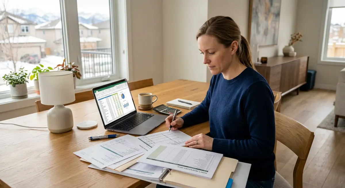 A Calgary homeowner reviewing financial documents and asset inventory spreadsheets at a dining table