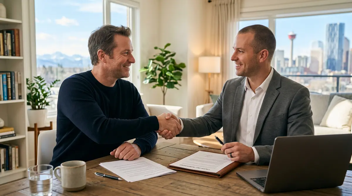 A handshake between a Calgary homeowner and a private mortgage broker finalizing alternative financing