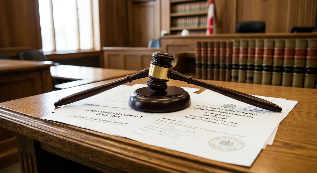 A legal gavel resting on Alberta property law documents signifying judicial foreclosure proceedings