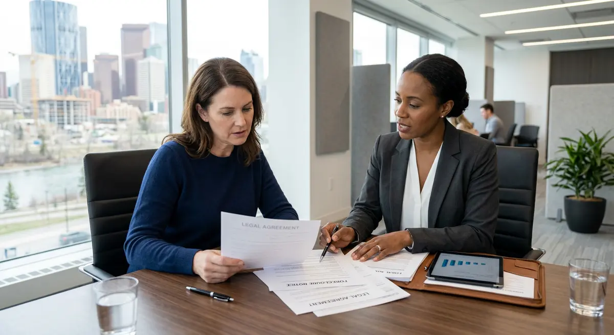 A Calgary homeowner reviewing legal foreclosure documents with a licensed real estate lawyer in a modern 2026 office