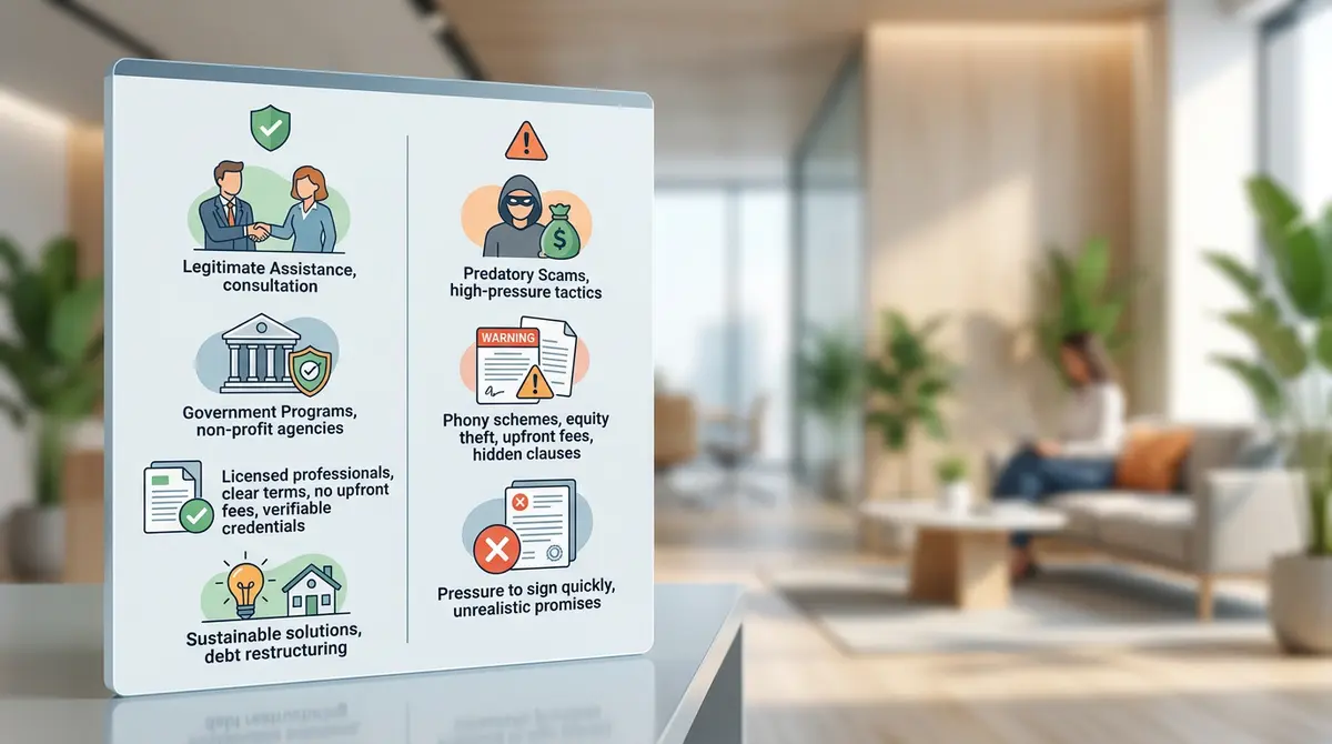 Comparison chart showing the differences between legitimate foreclosure assistance and predatory property scams in Alberta