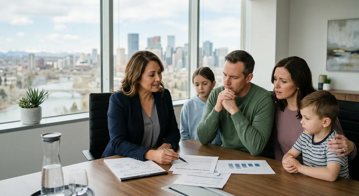 A licensed Calgary mortgage broker explaining home equity refinancing options to a family facing foreclosure